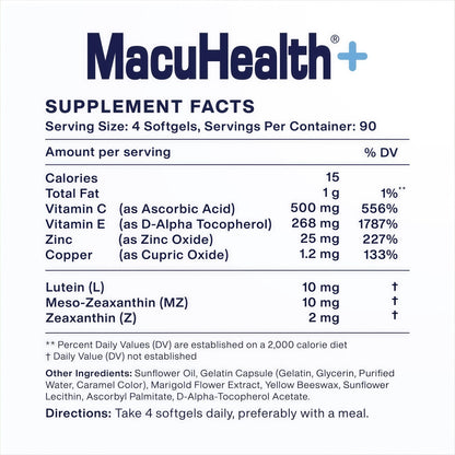 Macuhealth Plus+ Eye Vitamins Supplement for Adults - 90 Day Supply with Lutein, Zeaxanthin, and Meso-Zeaxanthin - Unflavored, Vitamin for Eyes